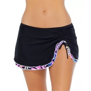 Island Escape Women Mariposa Skirtini in Black Ruched Front Ruffle Trim NEW